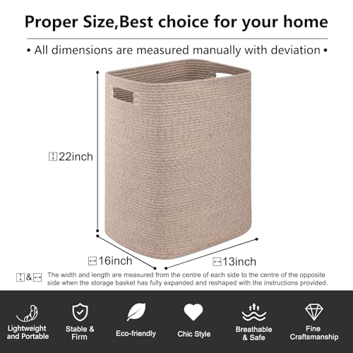 OIAHOMY Laundry Hamper, Rectangle Cotton Laundry Basket with Handles, Large Blanket Basket for Living room, Woven Decorative Storage for Toys,Clothes,Pillows-16x13x22in-Brown variegated - Image 4