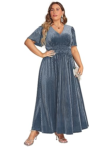 Image of Simplee Women's V Neck Velvet Maxi Dress Short Sleeve Empire Waist Long Formal Dress for Wedding Guest