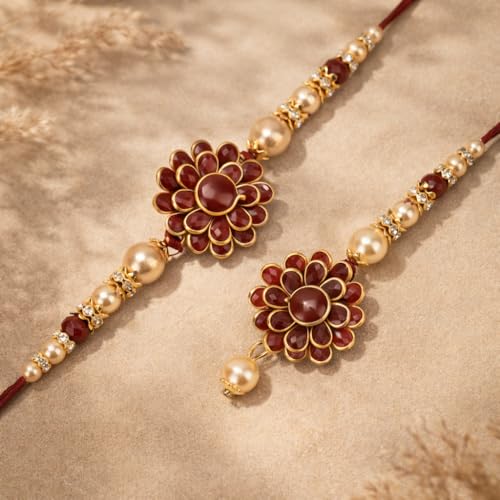 Image of Riddhika Ventures Elegant Traditional Gold Plated Bhaiya Bhabhi Rakhi Set with Roli Chawal and Greeting Card || Traditional Rakhi Set of 2 & Festive Gift