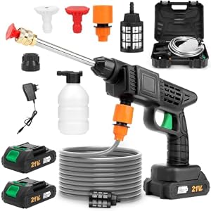 Akku Hochdruckreiniger,960PSI Hochdruckreiniger mit 2 Akkus,2-in-1-Düse,5m Schlauch und Schaumkanone – Mobiler Hochdruckreiniger,Tragbarer Pistole für Auto,Terrasse,Garten,Fahrrad und Außenbereiche