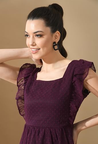 Image of IUGA Georgette Jacquard Butti Square Neck Knee Length Western Dresses for Women