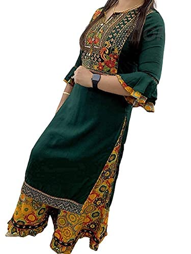 Image of Women Ethnic Set of Rayon Crop Top Skirt and Shrug || Classy Crop Top Kurti with Skirt and Shrug Jacket || Embroidered Ethnic Kurta Set (X-Large, Bottle Green)