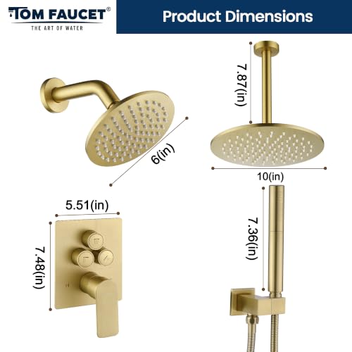 Juego de Ducha Rain Shower System, Set de Grifería en Oro Cepillado con Ducha de Mano 2 en 1, Cabezal de Ducha Doble de Lluvia, Montaje en Techo con Cabezal de Ducha de 10" y 6" de Pared, Diverter de Botón Pulsador miniatura 3