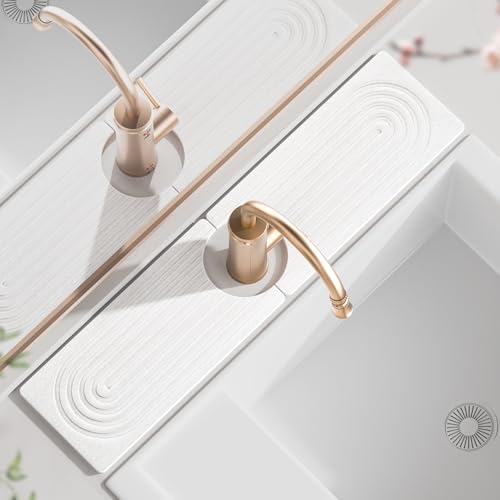 Faucet Mat for Kitchen Sink, Super Absorbent Diatomite Fast Drying Stone, Sink Splash Guard and Bathroom Stone Tray, Stone Drying Mat for Counter (White, 15.8