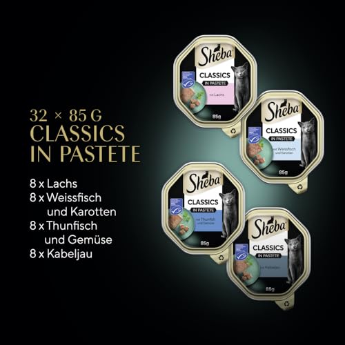 Sheba Classics in Pastete- Feinstes Katzennassfutter in der Schale - Fisch Variation (MSC) mit Lachs, Weißfisch, Thunfisch und Kabeljau - 32 x 85g