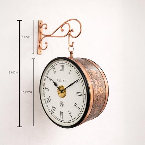 Image of Handcrafted Double Side Metal Analog Vintage Wall Clock | 1.5 Year Machine Warranty | 10 INCHES | 1 Side Number 1 Side Roman,Color Copper