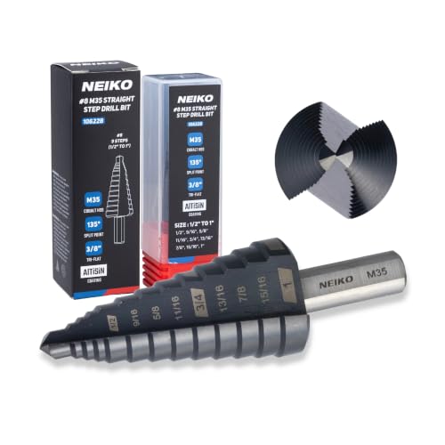 Image of NEIKO 10622B Step Drill Bit, 9 Steps 1 /2 inch to 1 inch Straight M35 Cobalt, AlTiSiN Coated, 3 /8 inch Tri-Flat Step Bits for Steel, Metal, Wood, Plastic, Unibit Cone Drill Bits, Two Flute