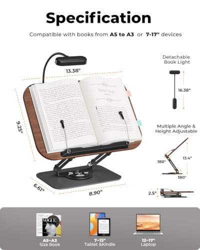 Image of Book Stand with Reading Light, 360 Rotating Book Holder for Desk, Foldable Cookbook Stand with Page Clips, Height & Angle Adjustable Reading Stand for Textbooks, Tablets