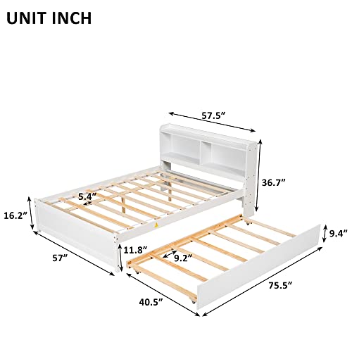 Ball & Cast Full Size Bed Frame with Twin Size Pull-Out Trundle,Wooden Platform Bed W/Storage Bookshelf Headboard,for Bedroom,Guest Room,Apartment,White by Ball & Cast - Image 3