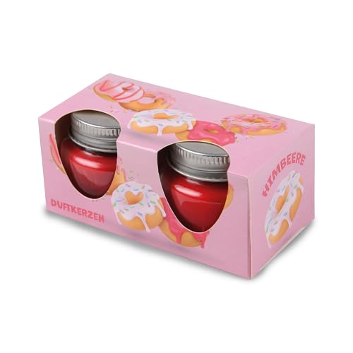 Velas perfumadas "Donut Frambuesa" en tarro de cristal con tapa, 2 unidades, cada una con aproximadamente 7 horas de combustión, diámetro de 6 cm, aroma de habitación como regalo – Vela como