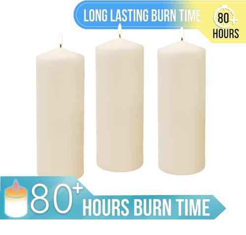 Image of Stonebriar Unscented Pillar Candles - 80 Hour Burn Time, Long-Lasting Wax Candles for Weddings, Holidays, Home Decor & Special Events, Pack of 3, Ivory, 3 inch x 8 inch