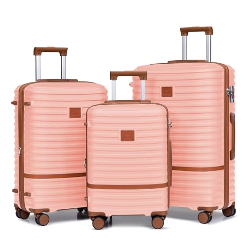 Image of Joyway Luggage Set 3 Piece Suitcase Sets with Spinner Wheel,Hardside Expandable Travel Laggage with TSA Lock (13 /20 /24 /28 Pink brown