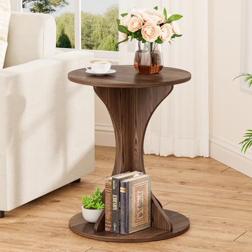 Round Side End Table - Wood Accent Coffee Table for Living Room, Modern Circle Nightstand with...