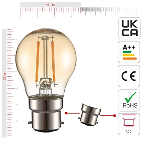 TEKLED® G45 Filament Vintage LED Bulbs | B22 Bayonet Cap | Energy Saving 2W Light Bulb 22W Equivalent | NONDIMMABLE Amber 2400K 220LM | 4-Pack | Warm White - Image 2