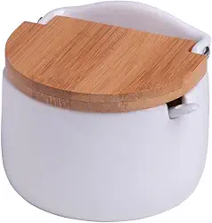 LYOR - Saleiro de Mesa de Cerâmica com Tampa de Bambu e Colher Bianco 10cm x 9,5cm x 9,5cm