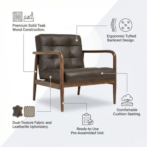 Image of Kingsman Furnitures Benette Premium Teak Wood Armchair for Living Room | Bedroom | Drawing Room | Elegant Matte Finish with Luxurious | Comfortable and Durable Seating (Faux Leather)
