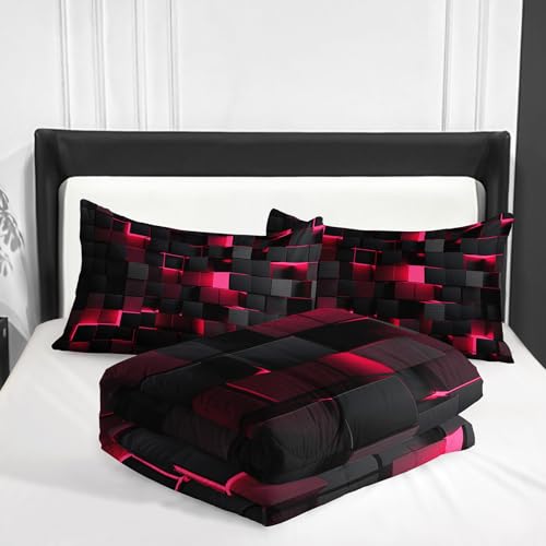 Image of Nttopship Neon Pink Black Comforter Set King Geometric Kids Bedding Set,3 PCS Geometry Honeycomb Bed Set Modern Quilt Set 1 Comforter 2 Pillow Cases Cool Room Decor All Season B-Side Black