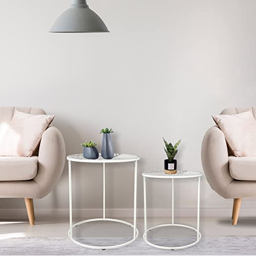 Babion Set Of 2 Nesting End Table, Small Nesting Tables With Sturdy Metal Frame, Round Nesting Side Tables For Living Room,Bedroom, White #TOP6