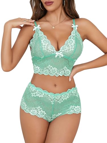 Image of Lilosy Sexy Lingerie for Women Lace Pajamas Set Cami Bra and Panty High Waist Sheer Sleepwear 2 Piece 2XS-6XL