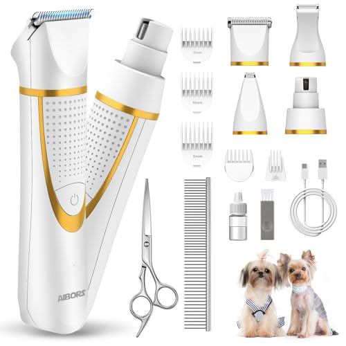 Small Dog Grooming Kit, 4 in 1 Electric Cordless Dog Paw Trimmer with Nail Grinder, Low Noise Dog Nail Trimmers, IPX7 Waterproof Small Dog Grooming Clippers for Paws, Ears, Face, Hip Hairl