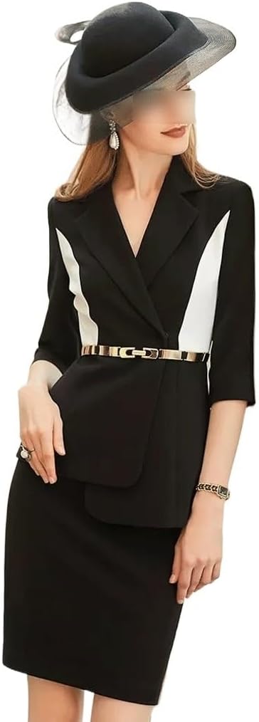 Fashion Spring and Mid-Sleeve Black and White Colorblocking Suit Occupational Wear Thin Formal Belt