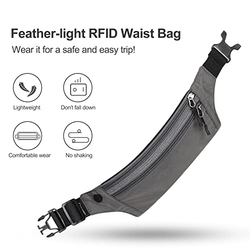 MYCARBON Bauchtasche Gürteltasche Flach Reisen Sport Hüfttasche RFID 100% Diebschutz | Wasserdicht | Joggen Fahrradfahren Reise Laufen | Hüfttasche Damen Herren Grau