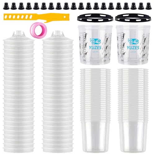 YUZES Disposable Paint Cups for Spray Gun 20 Ounce (600ml), 50 Disposable Paint Cup with Lids, 2 Hard Mixing Cups with Retainer Ring, 20 Plugs, PTFE Tape, Stirrer, for LVLP HVLP Spray Gun