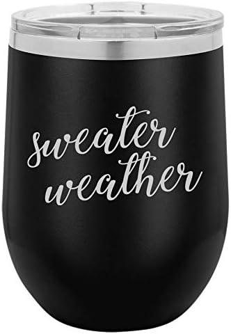 Vaso de vino de acero inoxidable con aislamiento al vacío de doble pared de 12 onzas, taza de viaje para café con tapa, suéter para clima (negro)