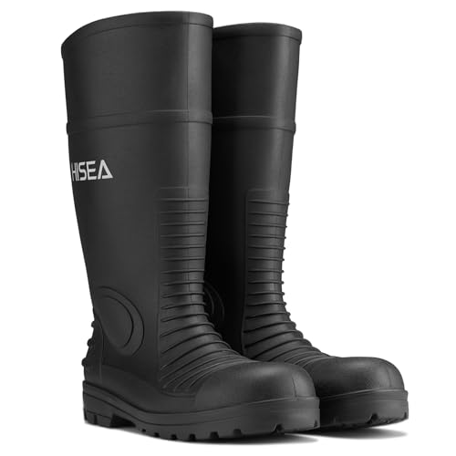 Image of HISEA Men's Steel-Toe Rain Boots, Rubber Boots Waterproof Slip Resistant | Garden Fishing Outdoor Work Boots, Durable Slip-Resistant Knee Boots for Farm Agriculture and Industrial Work