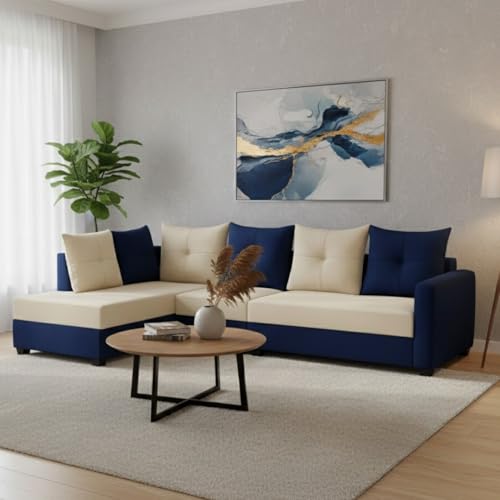 Image of SOCOZI Oriana 6 Seater LHS L Shape Sofa Set | Soft Velvet Suede Fabric | Modern Design | Plush Comfort Cushions for Living Room (Dark Blue-Cream)
