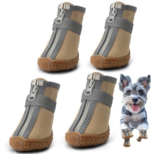 Hcpet Dog Shoes for Small Dogs, Dog Boots & Paw Protectors for Hot Pavement Winter Snow Hiking, Anti-Slip Dog Booties for Hardwood Floor Khaki Size 3