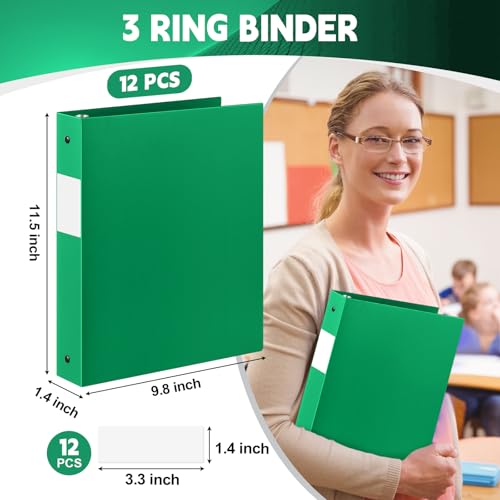 Image of Skyygemm 12 Pack 1 Inch 3 Ring Plastic Binders, Bulk Flexible PP Binders for Classroom & School Supplies, Letter Size 8.5 x 11, Holds 240 Sheets with Interior Pocket (Green)