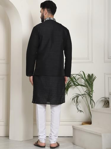 Image of SOJANYA (Since 1958 Men's Cotton Chikankari Kurta and White Pyjama with Embroidered Nehru Jacket
