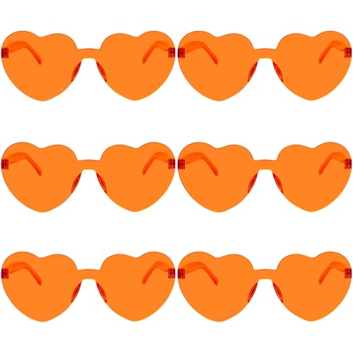 Fengek 6 Pcs Heart Shape Sunglasses Frameless Transparent Glasses Party Favors for Women, Orange