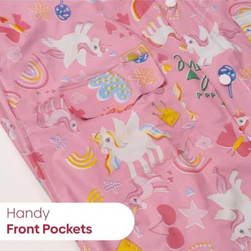 Image of Haus and Kinder Kids Raincoat with Hood - 1 Waterproof, Pink, Age 6-10, with Pockets (Puddlecorn Series)
