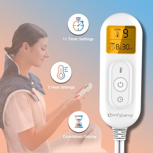 Image of Comfytemp Heating Pad for Neck and Shoulders and Back, 2.6lb Weighted Electric Heating Pads, Large Heated Wrap, 9 Heat Settings & 11 Timer, Valentines Birthday Gifts for Women Men Mom Dad, Dark Blue