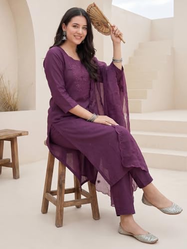 Image of INDO ERA Women's Silk Blend Floral Embroidered Thread Work Kurta & Pant with Dupatta Set