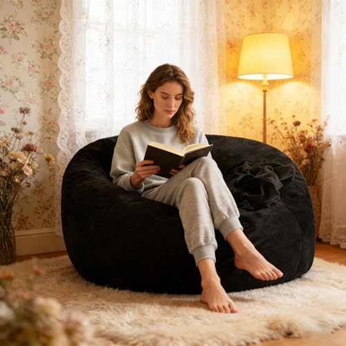 Image of Bean Bag Chair with Plush Faux Fur Cover with Removable CoverBig Bean Bag Chair for Living Room Bedroom (Black, 4FT)