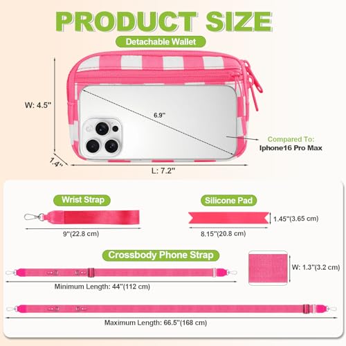 Image of YFWE Clip and Go Strap for Phone with Wallet Crossbody, Adjustable Phone Lanyard with Detachable RFID Wristlet Wallet, Phone Strap with Phone Tabs for All Phones, Pink Checkered (L)