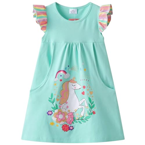 DXTON Toddler Girls Dresses Easter Rainbow Short Sleeve Cotton Casual Summer Birthday School Sundress
