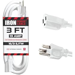 كابل تمديد خارجي مقاوم للعوامل الجوية بطول 3 أقدام من Iron Forge - سلك تمديد أبيض عالي التحمل بطول 16/3 SJTW - 3 أطراف - كابل طاقة خارجي بقوة 13 أمبير