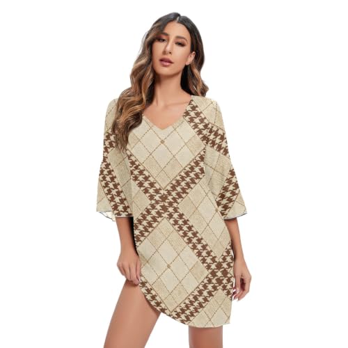 Vestido de gasa con pata de gallo beige Airy para mujer con cuello en V