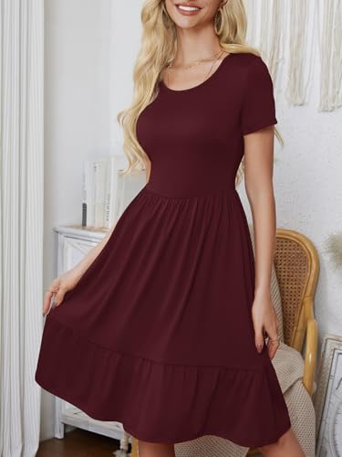Image of Women's Casual Summer Dress Short Sleeve Swing Flowy Shirt Crewneck Aline Midi Beach Dresses Burgundy