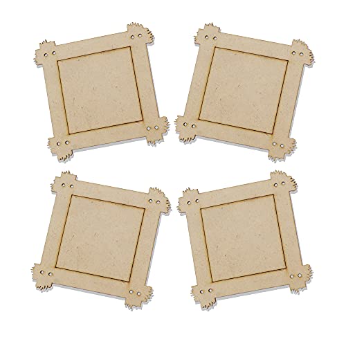 SUNFRAMEWORKS DIY MDF Blank Wood Craft Frame Cutout for Painting Art Work Wall Decoration Set of 4 Square Frames for Kids Decoupage Project/Picture Decor Product (2mm -Small)