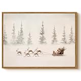 Vintage Framed Christmas Reindeer Sleigh Wall Art 12x16, Winter Canvas Print Santa Sleigh Gifts in Snowy Forest Scene, Rustic Modern Festive Living Room Bedroom Kitchen Farmhouse Holiday Décor
