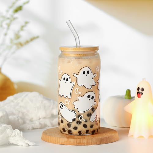 KMCCUMBER Halloween Ghost Fall Glass Cup with Lids and Straws, 16oz Ghost Fall Mug, Iced Coffee Glass Tumbler, Goth Gifts for Women Teens Stuff — view 5