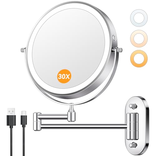 Auxmir 1X/30X Wall Mounted Lighted Makeup Mirror, 8' Rechargeable Double-Sided Magnifying Mirror with Light, Touch Dimmable 3 Color Light, 360° Rotation Foldable Extended Arm, Chrome