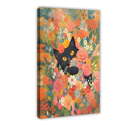 Poster chat noir et fleur 61x91,4 cm, le cadeau déco idéal pour chambre