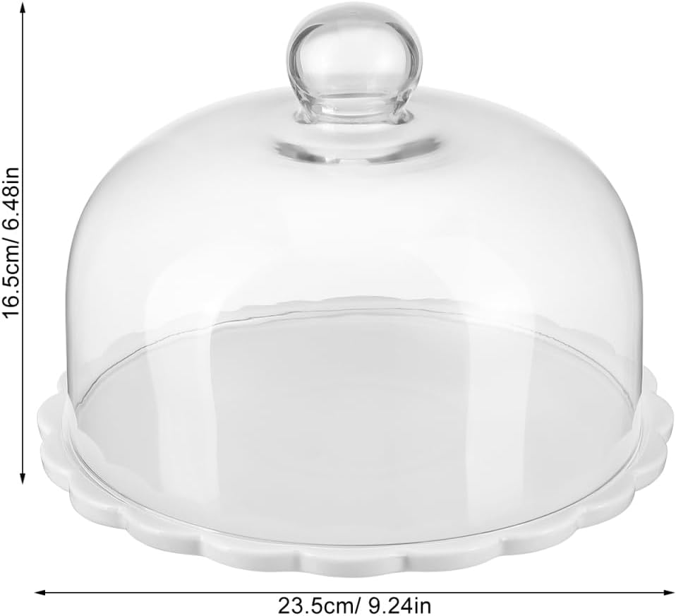 PRETYZOOM Ceramic Cake Stand with Lid Glass Dome Cake Cover 9 Inch Dessert Server Clear Cupcake Stand Food Serving Tray for Home Restaurant Party