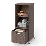 RELAX4LIFE Wicker Outdoor Storage Cabinet - Rattan Pool Towel Rack on Wheels w/Shelves and Drawer, Tall Patio Furniture Outside Caddy Organizer for Porch Deck, Garden Tool & Hot Tub Accessory Storage